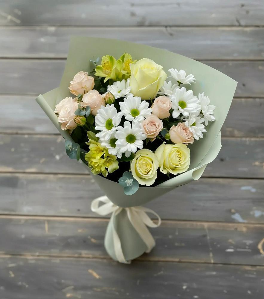 Букет цветов из: Альстромерии, Розы и Хризантемы в Большая Соснова