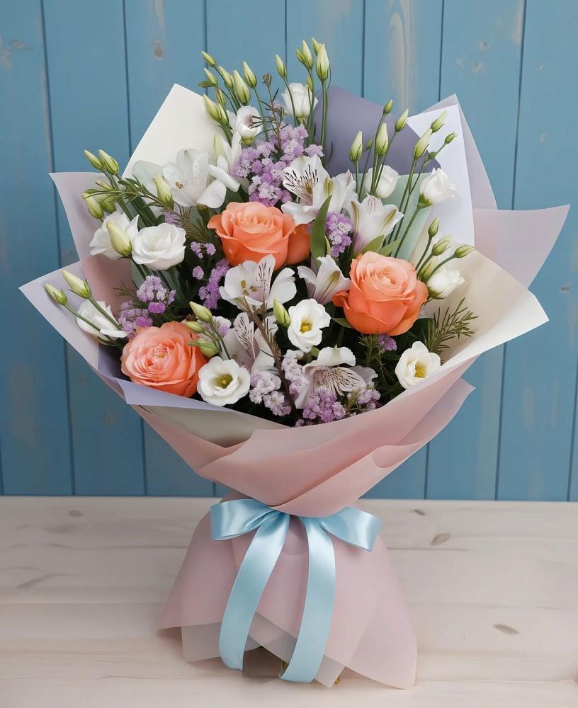Букет цветов из: Лизиантусы, Розы, Альстромерии и Гипсофила в Большая Соснова