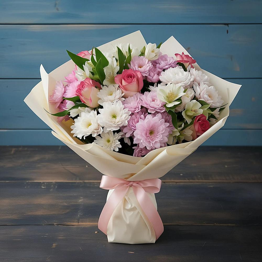 Букет цветов из: Хризантемы, Альстромерии и Розы в Большая Соснова